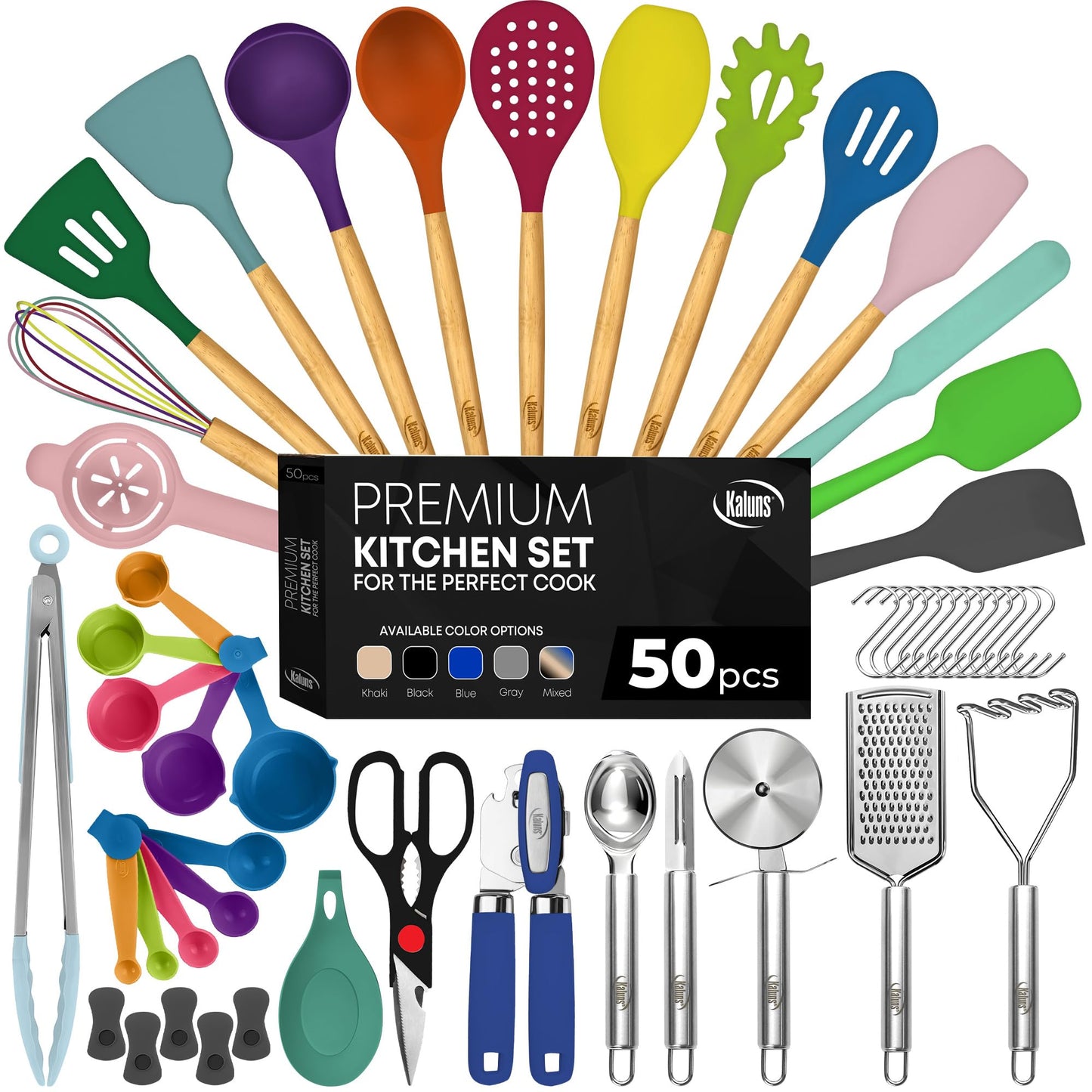 Kaluns 50 PCS Silicone Kitchen Utensils Set Complete Kitchen Set - 800°F Heat Resistant Non-Stick Premium Silicone Cooking Utensils W Wooden Handles - Can Opener, Masher, Turner, Silicone Spatula Set