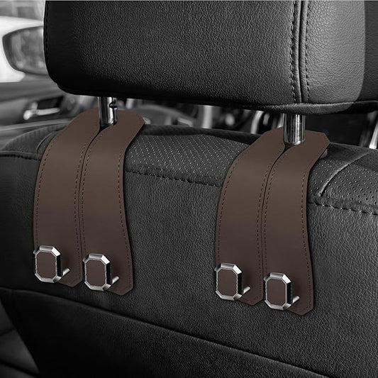 2PCS Car Hooks for Headrest, Faux Leather Purse Hook for Car Seat Back Organizers and Storage, Double Metal Purse Holder Bag Hanger, Universal Car Interior Accessories for Women Man