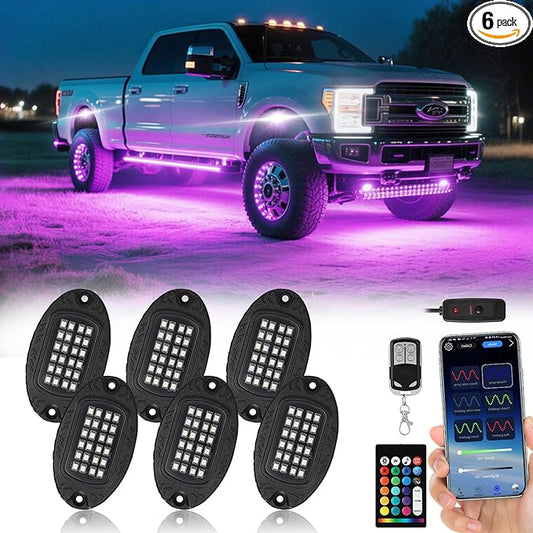 6 Pods Segmented Alloy RGB LED Rock Lights for UTV ATV Golf Cart SXS Trucks Offroad, Waterproof Impact Resistant Metal Underglow Kit with APP/RF Control Sync Music Multi Color Neon Underbody Light