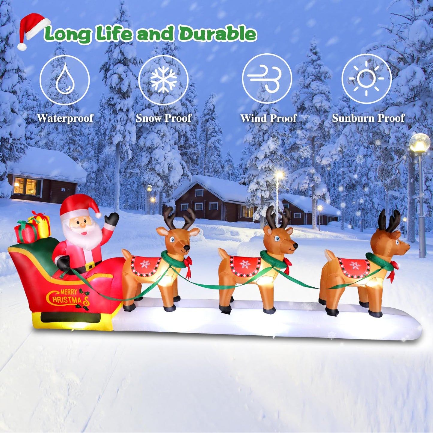 12 FT Christmas Inflatables Outdoor Decorations Santa Claus on Sleigh, Blow Up 3 Reindeers Pulling Santa's Sleigh with Gift Boxes, Built in LED Lights for Christmas Party Decor, Yard, Garden Lawn
