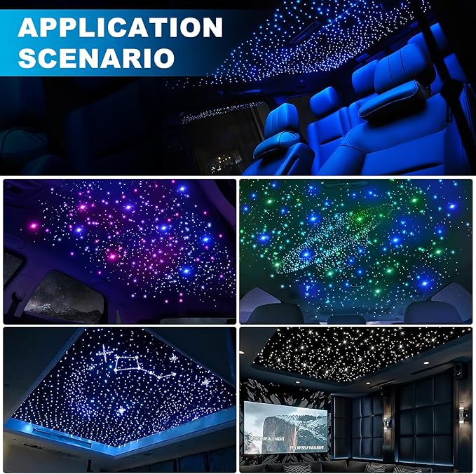 4 Colors 32W Twinkle Starlight Headliner Kit for Car Home with APP&RF Remote,RGBW 650pcs*0.03in*13.1ft Cables Fiber Optic Star Sky Roof Lights,4 Port Engine Sound Activated Ceiling Star Lights for Car