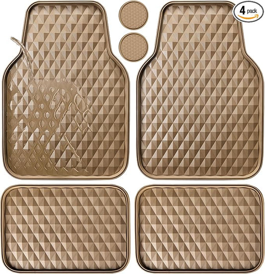 CAR PASS Deep Tray Rubber Car Mats, Heavy Duty Floor Mat for Car, Durable Anti-Slip 3D Rhombus Waterproof All Weather Car Floor Mats, Universal Fit for Truck SUV Vehicle Automotive, 4 Piece Beige