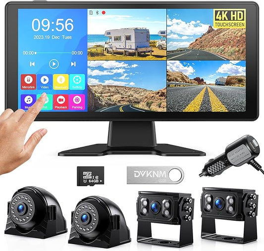4K RV Backup Camera System 10.36" Quad Split Touchscreen Monitor 4 1080P HD Rear View Cameras DVR Recording Bluetooth Music USB Video Play IP69 Waterproof Night Vision for Trailer RV Truck etc