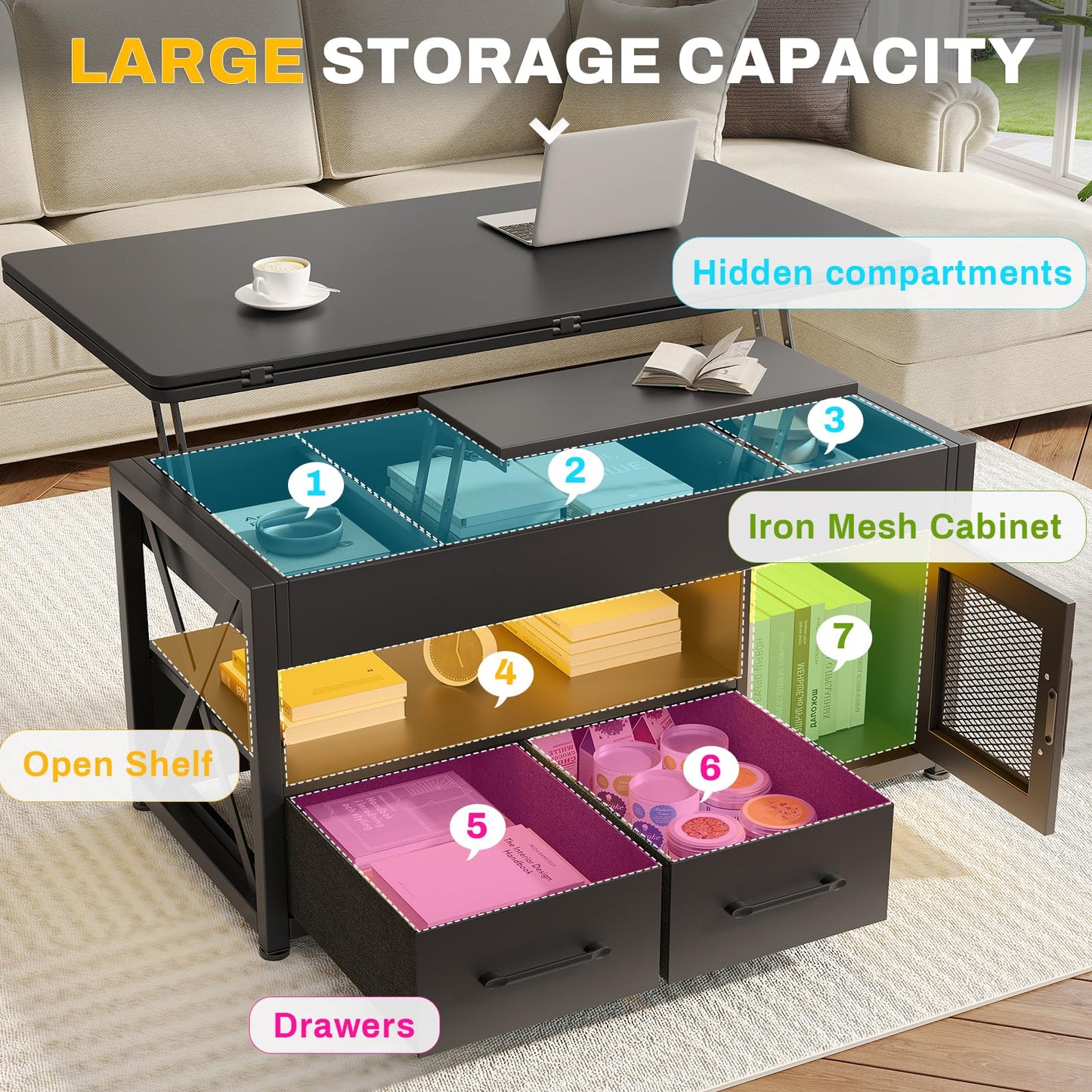 Itaar 40" Lift Top Coffee Table, 4 in 1 Coffee Tables with Storage Cabinet for Living Room, Small Farmhouse Coffee Table with 2 Fabric Drawers & LED Light for Dining Room, Black