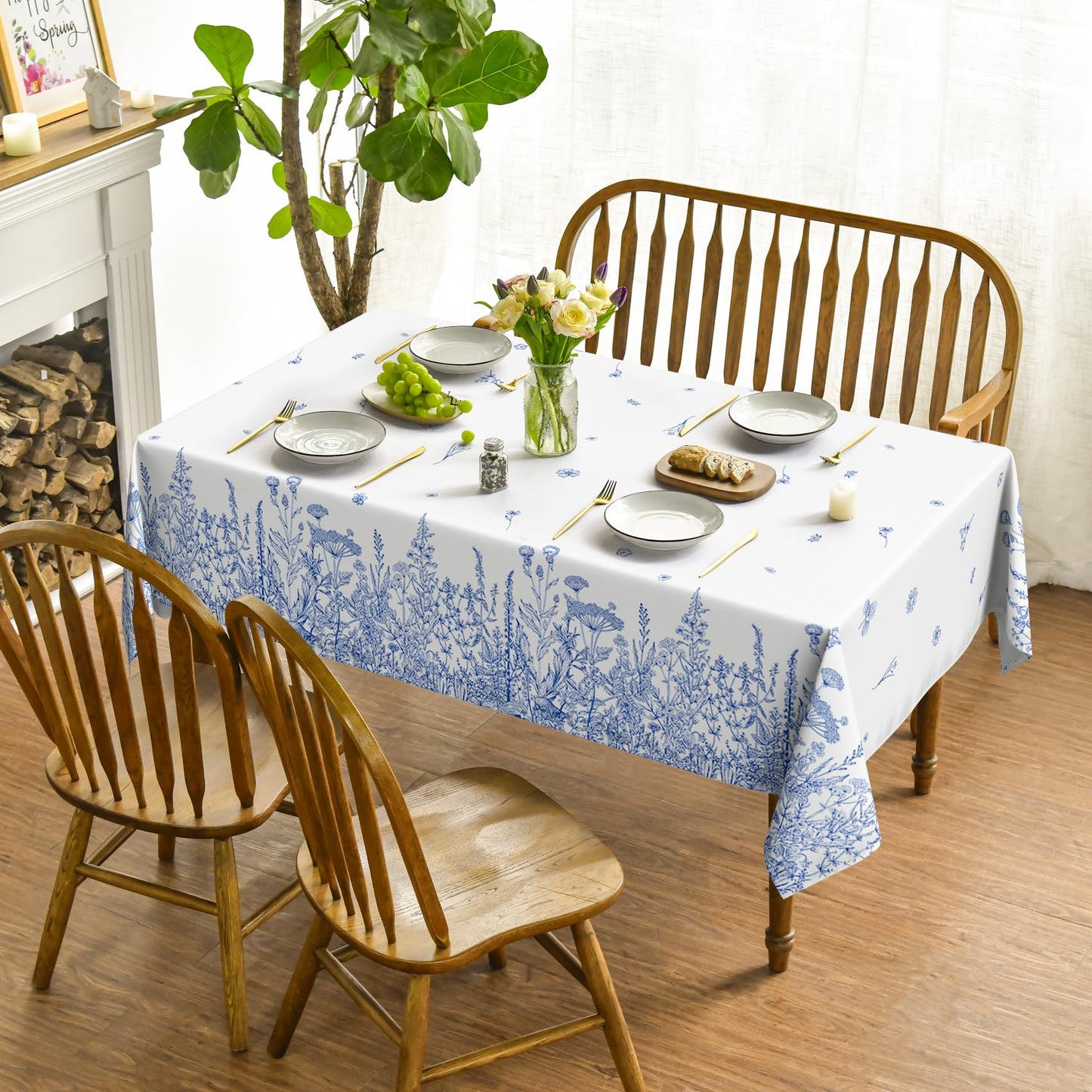 Horaldaily Spring Summer Tablecloth 60×84 Inch Rectangular, Wild Flowers Floral Blue Washable Seasonal Table Cover for Party Picnic Dinner Decor