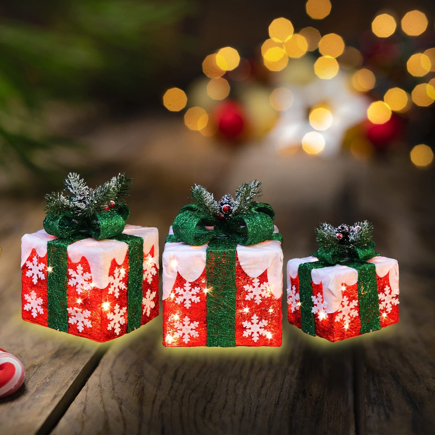 GLOWNOVA [Large 10"x8.5"x6.5" Christmas Set of 3 Lighted Gift Boxes Decorations Pre-lit 70 Super-Bright LED with Flashers,for Indoor Outdoor Christmas Tree Skirt Ornament Pathway Holiday Party Home