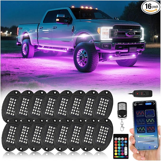16 Pods Segmented Alloy RGB LED Rock Lights for Trucks Jeeps Trailer Pickup Offroad RV Boat UTV, Waterproof Shockproof Metal Underglow Kit with APP RF Control, Multicolor Neon Underbody Fender Light