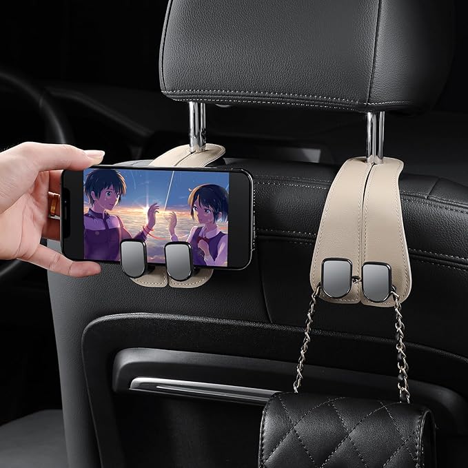 2 Pack KAFANLIN Car Headrest Hooks for Purses and Bags Cute Leather Car Seat Back Head Rest Double Hooks for Bags Cute Pink Beige Car Accessories Headrest Back Seat Handbags Hook (Beige 2 Pack)