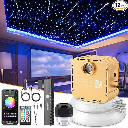 32W Meteor RGBW Twinkle LED Fiber Optic Lights, Bluetooth APP/Remote/Music Control Star Ceiling Light Kit+Adapter+Car Use Plug, Fiber Cable 1000pcs*0.03in*13.1ft with Shooting Stars Kit