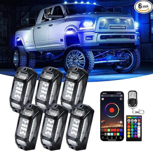 6 Pods 5-Sides Full Angle RGB LED Rock Lights High Brightness 36 Beads RGB 5050 IP68 Waterproof Underglow Multicolor Zone Neon Exterior Rock Lights for 12V Trucks Jeep UTV ATV RZR Offroad Pickup SUV
