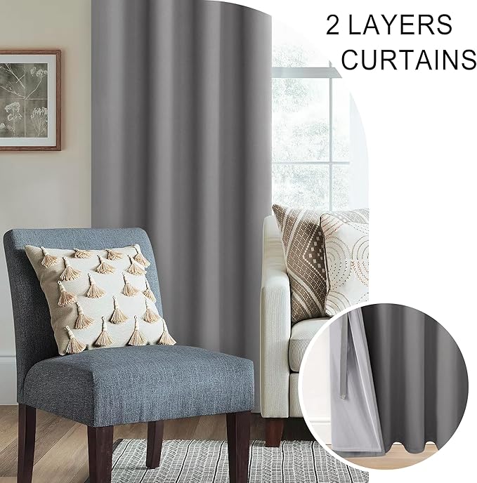 XWZO 100% Blackout Curtains 84 Inches Long with Tiebacks- Privacy Protection & Noise Blocking Window Draperies Grommet Top with Black Liner for Bedroom/Living Room, Grey, W52 x L84, Set of 2
