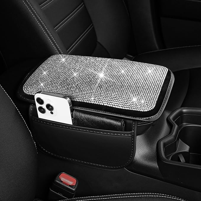 Bling Car Center Console Cover Custom Fit for Jeep Grand Cherokee - Leather Armrest Cover with 2 Storage Pockets and Crystal Rhinestones(Black)