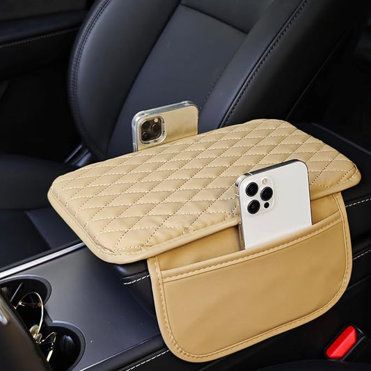 Car Center Console Cover,Microfiber Leather Car Armrest Cover Cushion with Storage Bags, Universal Car Armrest Storage Box Car Interior Accessories for Most Vehicles, Beige