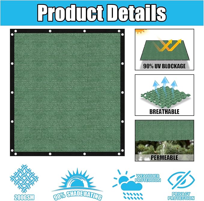 Amagenix 90% Pergola Shade Cover 4' X 4' Sun Shade Cloth with Grommets for Outdoor Garden Patio Porch, Commercial Grade 200 GSM - Cable Zip Ties Included (We Customized) GN108, Green