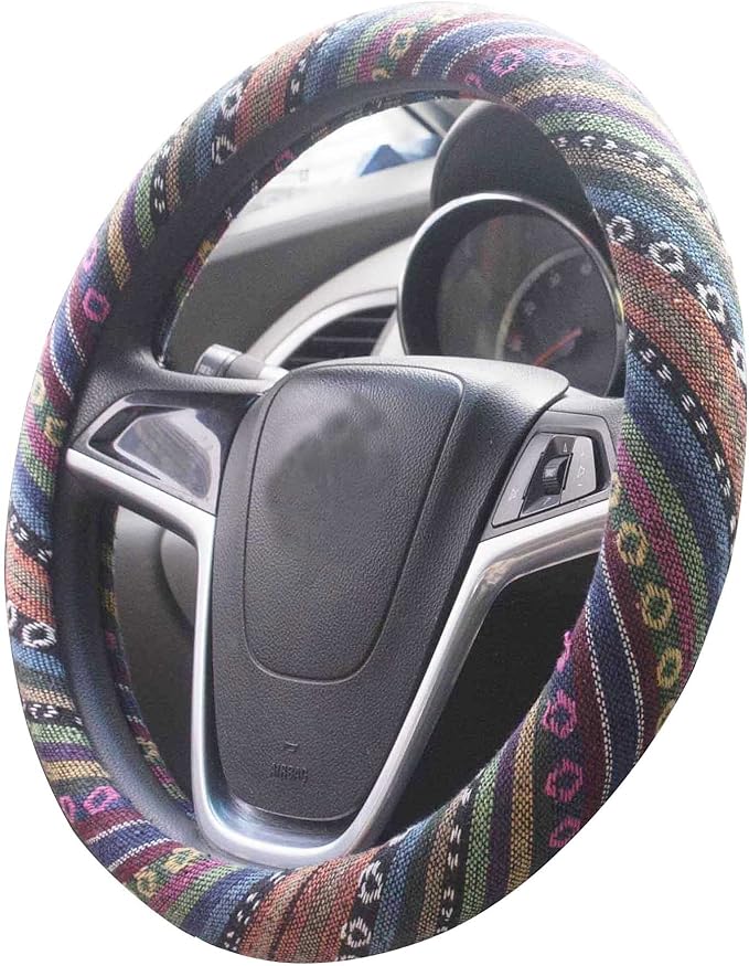 Small Ethnic Style Coarse Flax Cloth Automotive Steering Wheel Cover Anti Slip and Sweat Absorption Auto Car Wrap Cover (14''-14.25, C)