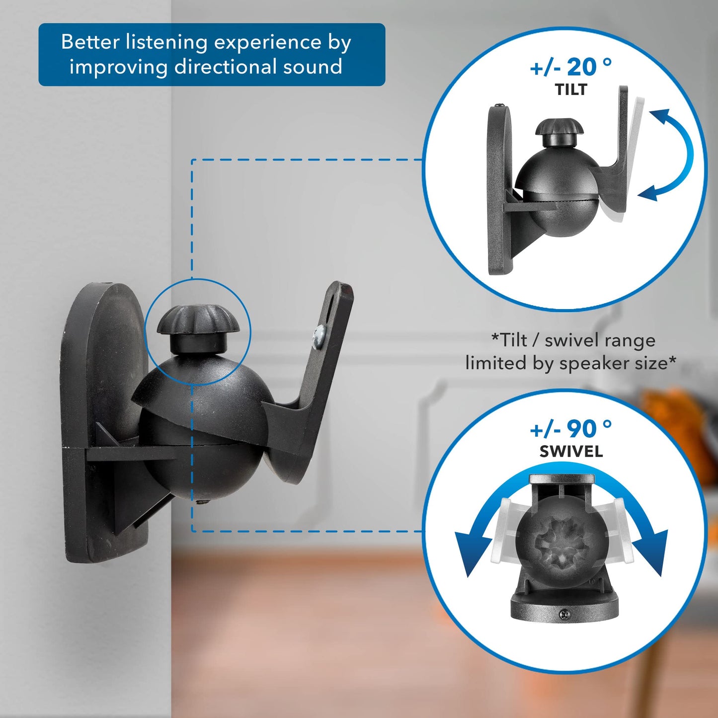 Mount-It! Speaker Wall Mount Full Motion Brackets for Surround Sound Satellite Ceiling and Bookshelf Speakers, 2 Mounts, Black