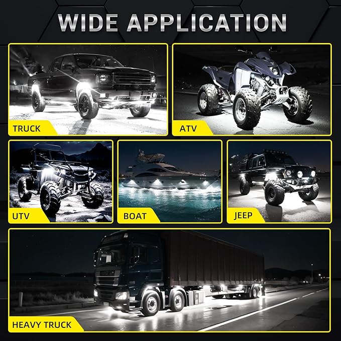 8 Pods Full Angle Pure White LED Rock Lights for Jeeps Truck Golf Cart ATV UTV RZR SUV Offroad Pickup, 6500K Super Bright Waterproof White Underglow Kit with Switch Wiring Harness Extension Wires