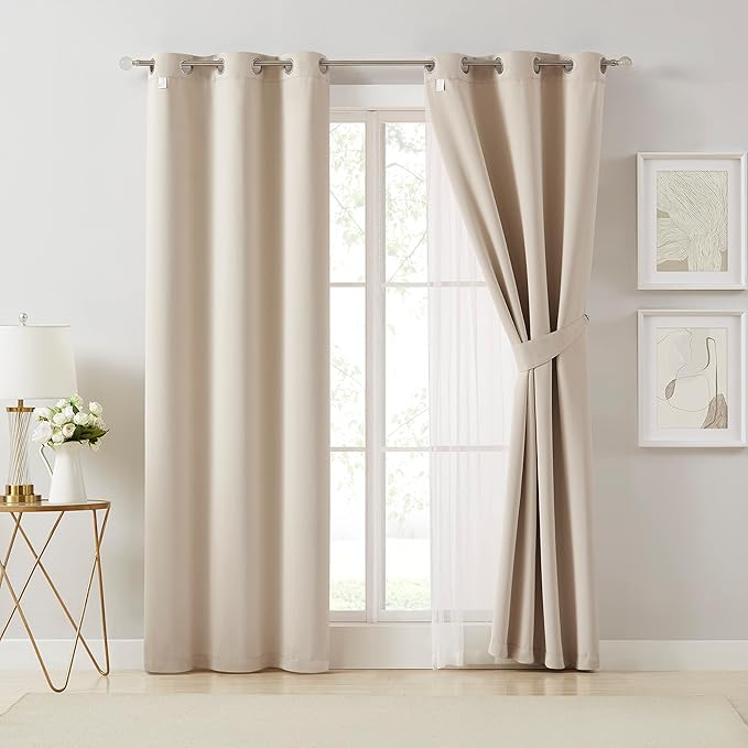 Bujasso Beige 80% Blackout Curtains with Sheer Overlay Mix and Match Double Layer Thermal Insulated Window Panels 63 inch for Living Room Bedroom Beige Drapes with Tiebacks Grommet Top 54" Wx63 Lx2