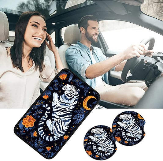 Car Armrest Cover Pads Universal Fashion Cute Auto Center Console Armrest Cover Pad with 2PCS Car Coasters Soft Waterproof Car Armrest Seat Protector for Women, Tiger Moon