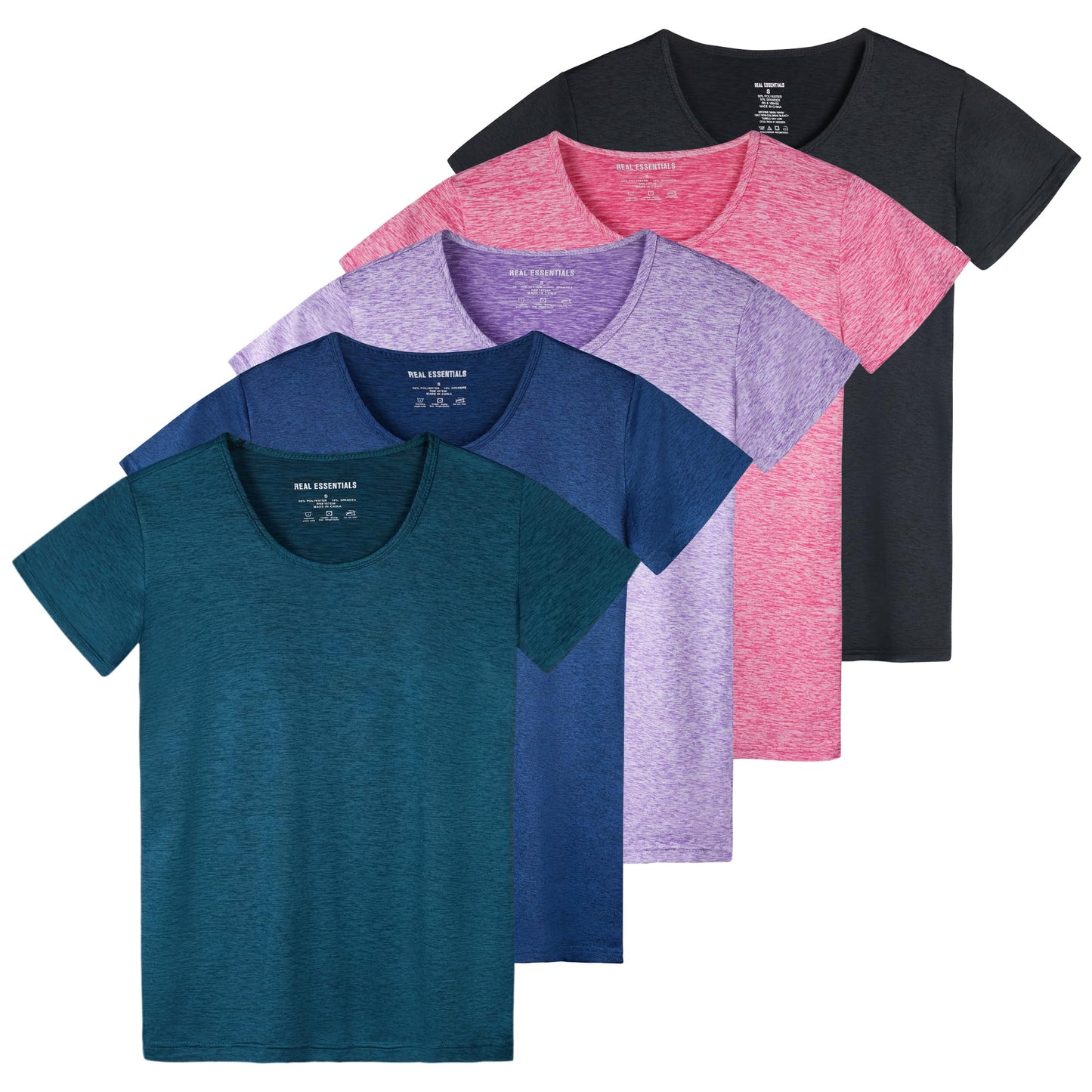 Real Essentials Womens Quick Dry Fit Dri Fit Active Wear Yoga Workout Athletic Tops Running Gym Exercise Ladies Short Sleeve Crew Scoop Neck Moisture Wicking Tees T-Shirt, Set 7, XL, Pack of 5