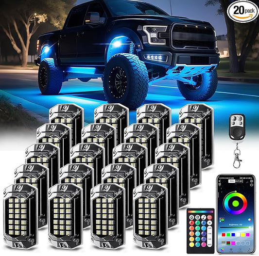 20 Pods Full Angle RGBW LED Rock Lights, 6500K Pure White RGB Rock Light for Semi Truck Jeeps Trailer Pickup Offroad Boat RV Underbody 12V Waterproof Neon Underglow Kit with APP/RF Control Sync Music