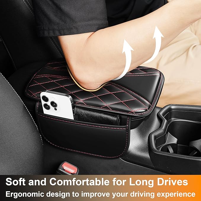 Car Center Console Cover Fit for Jeep Grand Cherokee - Leather Armrest Covers with 2 Storage Pockets(Black&Red)