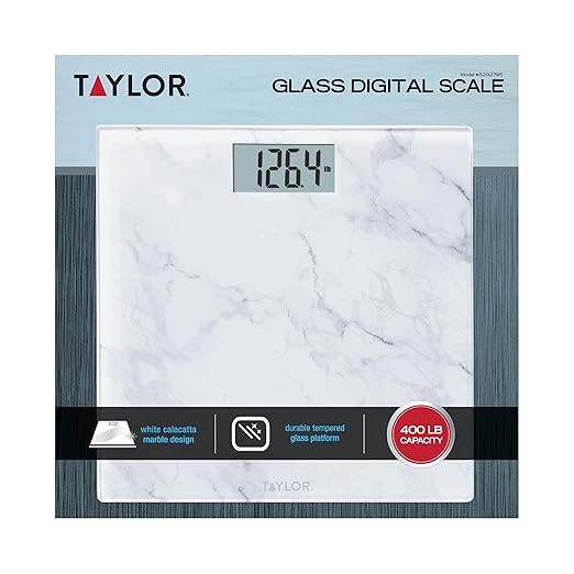 Taylor Digital Glass Marble Bathroom Scale, Scale for Body Weight, Highly Accurate Digital Bathroom Weighing Machine, Battery Powered, FSA HSA Eligible, Measures Weight up to 400 lb Capacity, White