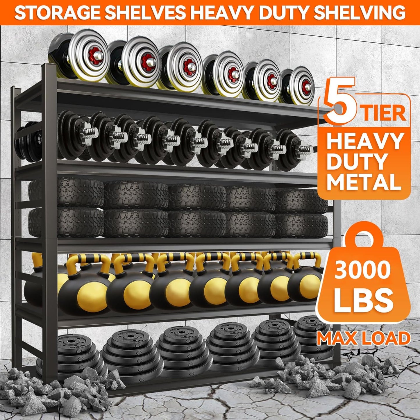 Metal Garage Shelving Unit, Heavy Duty Steel Storage Shelves, 3000 lbs Capacity, Adjustable 5-Tier Metal Shelf, Ideal for Garage, Warehouse, or Home Organization (with fence 47.24" W x 18" D x 78" H)