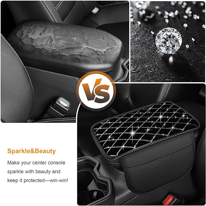 Bling Armrest Cover for Car Compatible with Jeep Grand Cherokee L - Center Console Cover with 2 Storage Pockets and Crystal Diamond(Black)