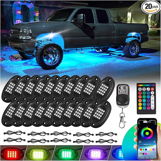 20 Pods RGB LED Rock Lights for Semi Trucks Offroad Pickup Trailer Sedan Boat, 12V Waterproof Dual Zone APP/RF Control Music Mode Brake Light Red Green Blue Underglow Neon Kit with Extension Wires