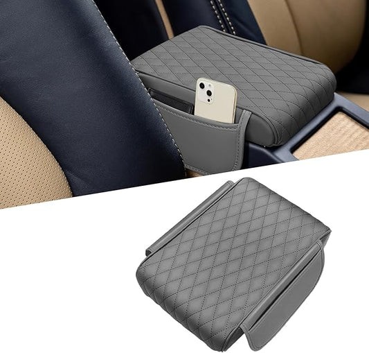 Car Center Console Cover, Napa Leather Car Armrest Cushion with Side Pockets, Memory Foam Auto Armrest Seat Box Mat, Universal Interior Armrest Protective Cover Accessories for Most Vehicle