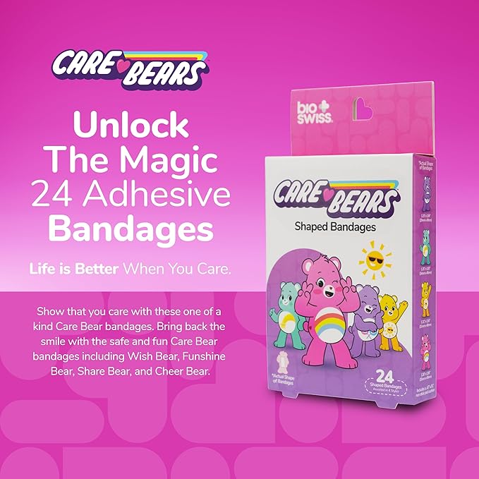 BioSwiss Care Bears Bandages, Unlock The Magic Care Bear Shaped Self Adhesive Bandage, Latex Free Sterile Wound Care, Fun First Aid Kit Supplies for Kids, 24 Count