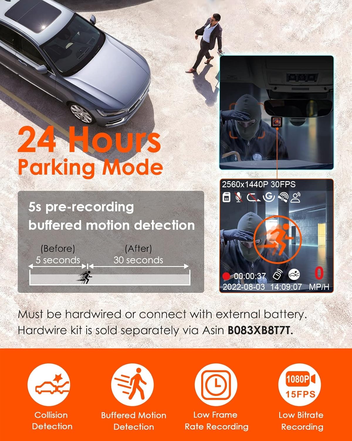 Vantrue E1 Lite 1080P WiFi Mini Dash Cam with GPS and Speed, Free App, Voice Control Detachable Dash Camera, 24 Hours Parking Mode, Night Vision, Motion Detection, Loop Recording, Support 512GB Max