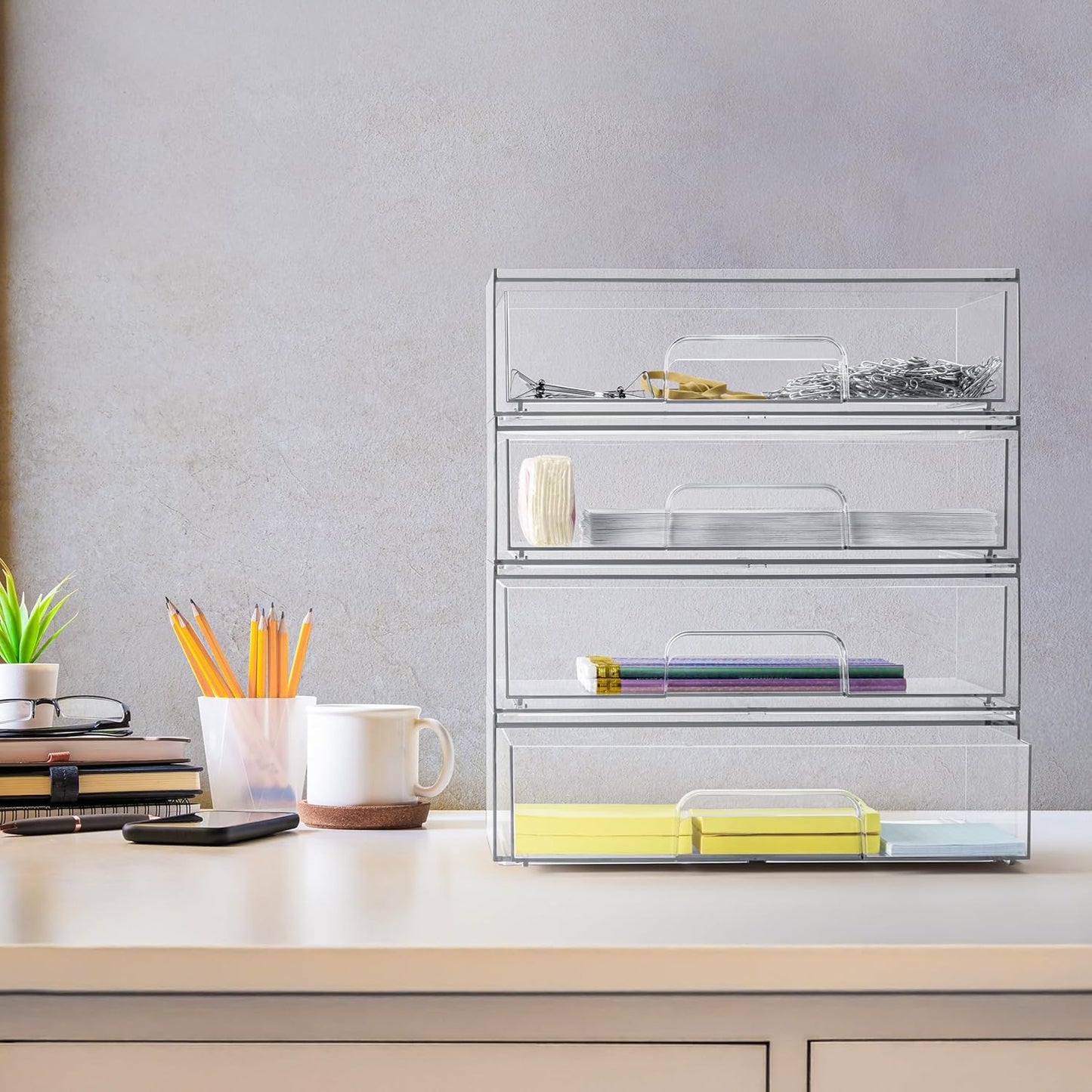 Sorbus Acrylic Storage Containers - 4 Pack, Stackable Storage Bins Set for Bathroom Organization - Clear Acrylic Drawer Organizers - Makeup Case Pull-Out Drawers (12.1’’ Wide)