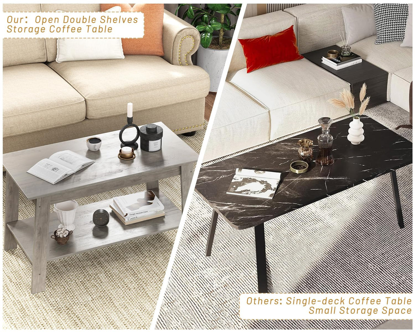 Coffee Table, Coffee Table for Living Room, Modern Farmhouse Coffee Table with Storage Shelf, 2-Tier Living Room Table Rectangular Center Table, Home Office Industrial Cocktail Tables, Grey