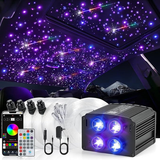 Car Starlight Headliner Kit, 4 Colors 32W Twinkle & Meteor Fiber Optic Ceiling Lights, 2 in 1 Light Engine 600pcs*0.03in*13.1ft+240 RGBW Shooting Stars Headliner Lights for Car Roof Décor