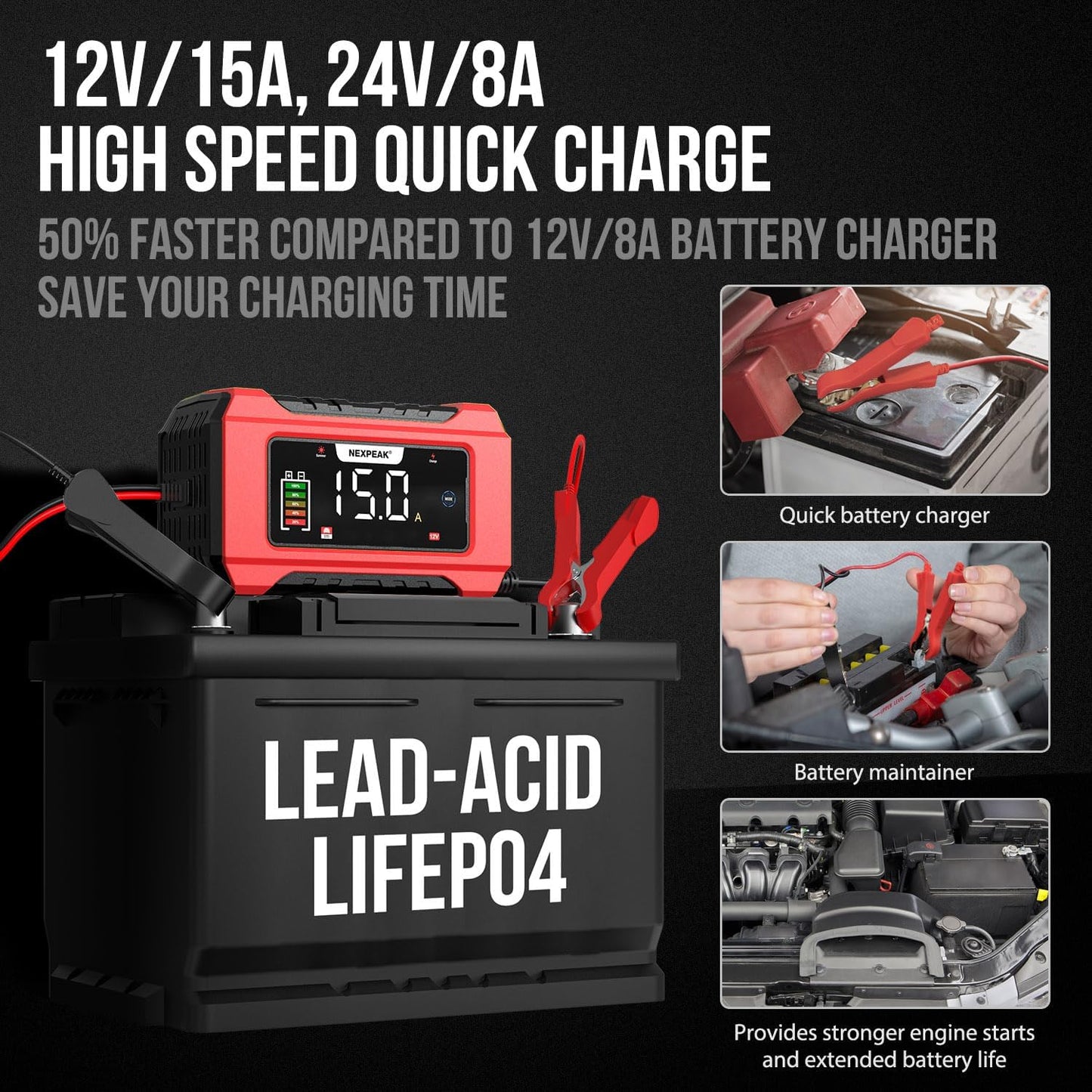 NEXPEAK NC215 15-Amp Battery Charger, 12V 24V LiFePO4 Lead Acid Portable Car Battery Charger 9-Stage Trickle Charger Smart Battery Maintainer w/Temp Compensation for Car Truck Lawn Mower Boat Marine