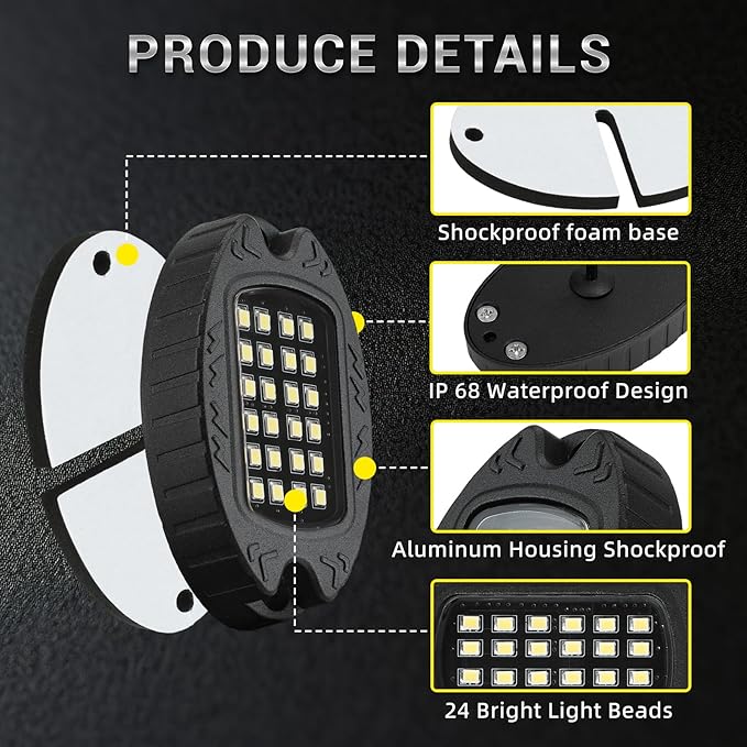 12 Pods Alloy Pure White LED Rock Lights for Trucks Offroad Pickup Boat Fender ATV UTV SUV, Aluminum IP68 Waterproof Shockproof 6500K Super Bright Metal White Underglow Kit with Switch Wiring Harness