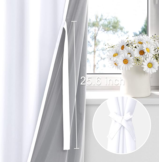 XWZO 100% Blackout Curtains 63 Inches Length with Tiebacks- Full Shade Window Drapes Thermal Insulated Double Layer with Black Liner for Bedroom/Living Room, Grommet Top, White, W52 x L63, Set of 2
