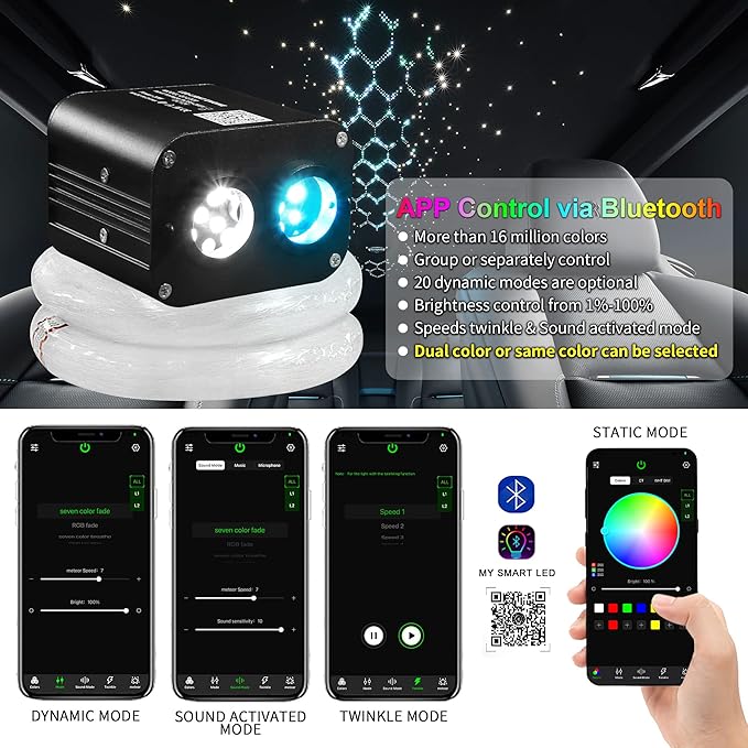 ATOKEE Dual Color Twinkle 1000pcs Starlight Headliner Kit, 20W 0.03in/0.75mm 13.1ft/4m Fiber Optic Star Lights for Car Home Roof Decor with APP/Remote Control