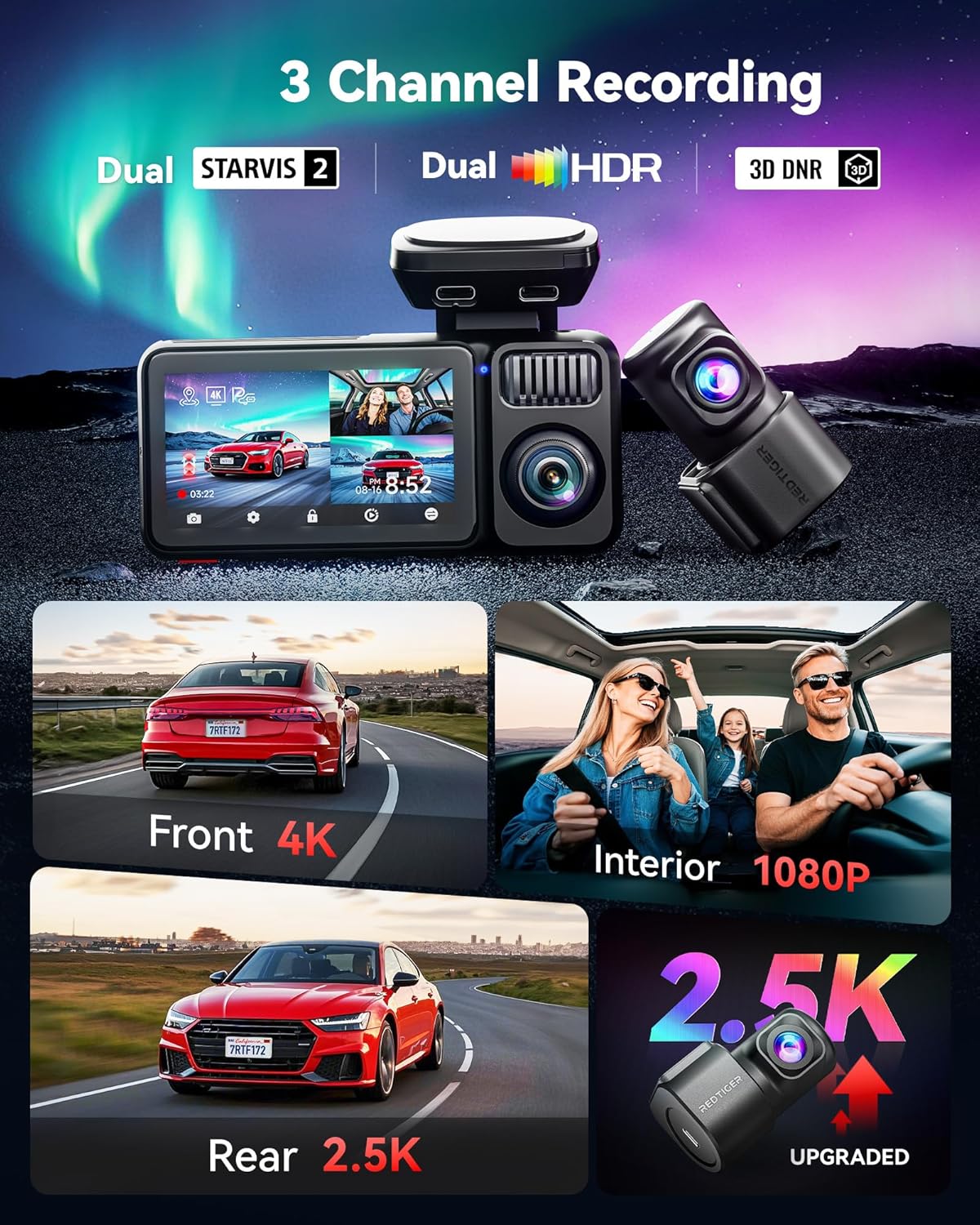 REDTIGER F17 Elite 4K 3 Channel Dash Cam, STARVIS 2 IMX678 & IMX675, 128GB Card, Full Night Color, 4K+2.5K+1080P Front and Rear Inside, Touch Screen, Voice Control, 5GHz WiFi 6, GPS, HDR, Parking Mode