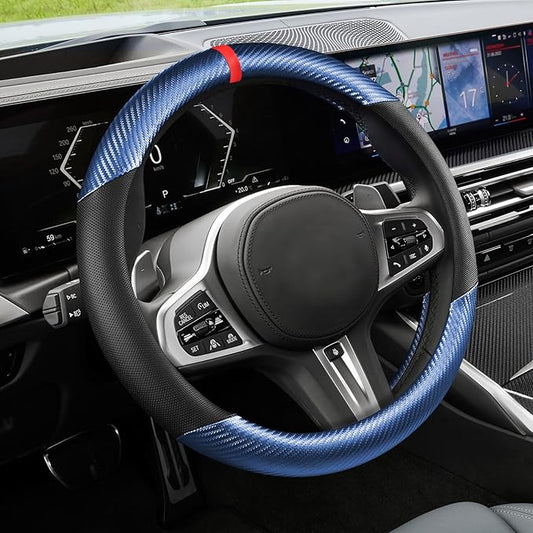 Carbon Fiber Car Steering Wheel Cover, Universal 15 inch Breathable Anti Slip Steering Wheel Covers, Car Interior Accessories Steering Wheel Protector for Men and Women, Fit for Most Cars (Blue/Black)