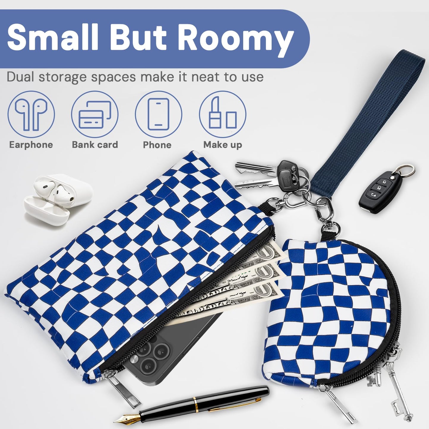 Chanoyu Printed Mini Zip Around Keychain Wristlet Wallet – Large Capacity Dual Pouch Detachable Coin Purse with Keychain, Fits Phone, Soft Nylon, Water-Resistant, Perfect for Daily Use (Blue Check)
