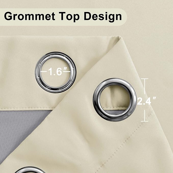 XWZO 100% Blackout Curtains - Heat and Full Light Blocking Drapes with Black Liner for Bedroom/Laundry Room, Grommet Top Window Panels with Tiebacks, Beige, W60 x L63, Set of 2