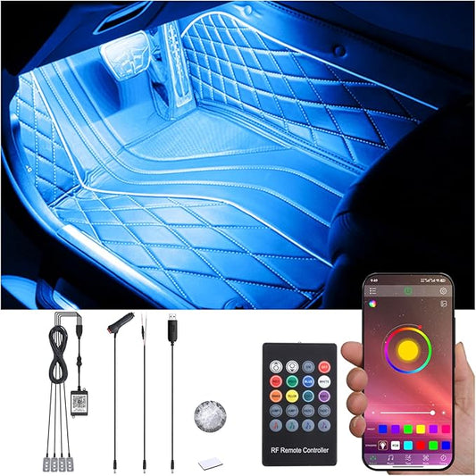 Car Ambient Lighting Kit Bluetooth App Control + RF Remote Control 64 Colors Multicoloured Music Interior Footwell Lighting Kit 12V