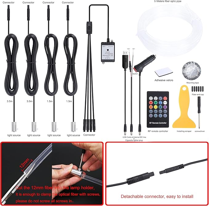 Car Ambient Lighting Optic Fiber 8 Colors Music Sound Active with RF Remote Control Car Decorative Atmosphere Lighting Kit DC 12V 1W 5m