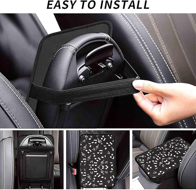 Car Armrest Cover Auto Center Console Pad Arm Rest Cushion Soft Car Accessories Universal for Most Vehicle (White Music Notes Pattern Design)