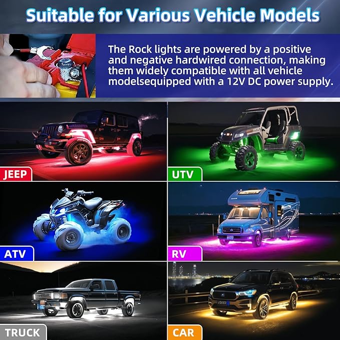 12Pods Segmented RGB LED Rock Lights Kit with APP/RF Remote Control, Upgraded Multicolor Underglow Lights Neon Music Mode 12V Underbody Light for Trucks Pickup Jeep Golf Cart ATV UTV RZR SXS