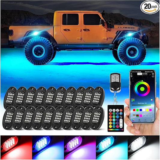 20 Pods Segmented RGB LED Rock Lights for Semi Trucks Offroad Pickup Trailer RV SUV Boat, 12V Waterproof Multicolor Neon Underglow Kit with APP/RF Control Red Brake Sync Music Vehicle Underbody Light