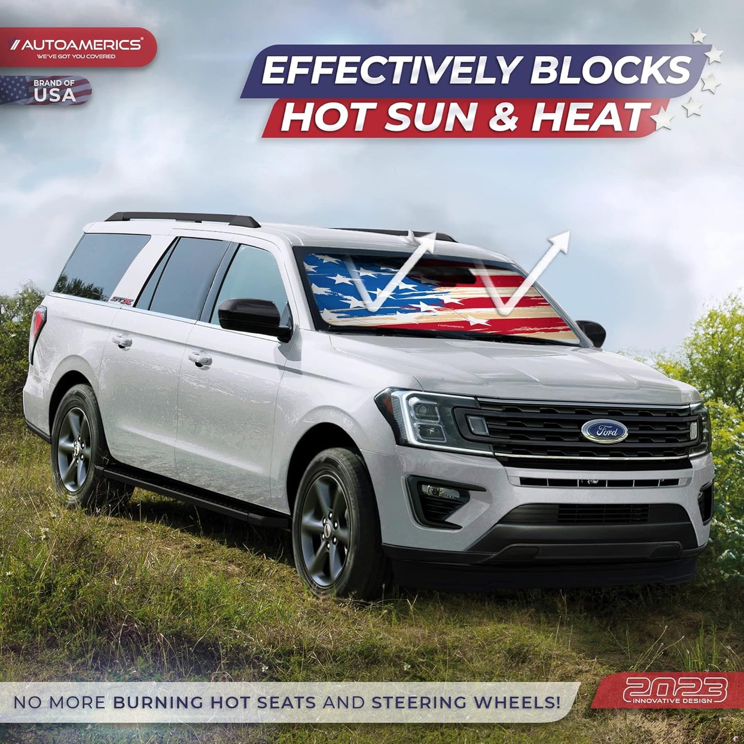 Autoamerics 1-Piece Windshield Sun Shade USA Art Flag - 1 American Design - Foldable Car Front Window Sunshade for Most Sedans SUV Truck - Blocks Max UV Rays and Keeps Your Vehicle Cool - Large